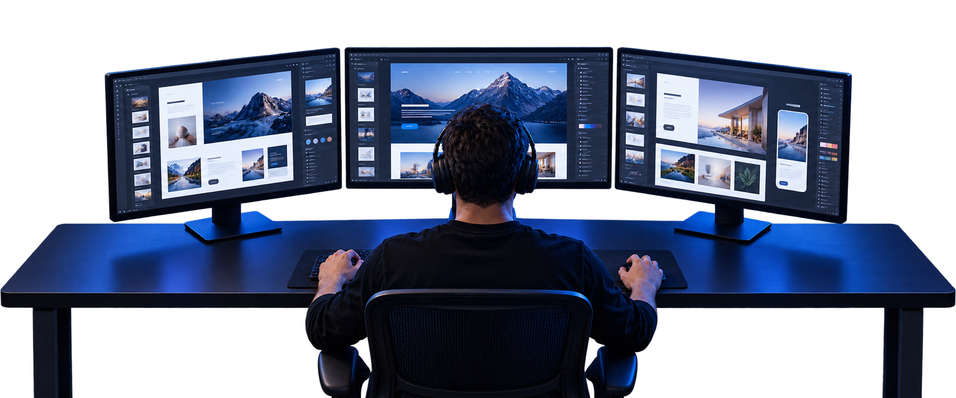 Illustrative scene of a website designer wearing headphones at a wide desk with three monitors showing website designs